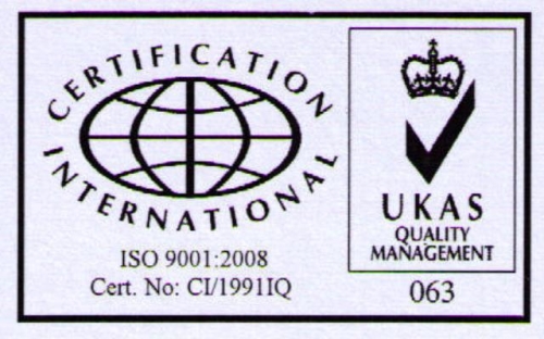 ISO 9001:2008 certification badge by Certification International, with certificate number CI/19911Q and the UKAS Quality Management mark.