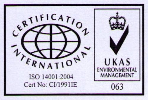 Certification label: ISO 14001:2004 certificate from UKAS Environmental Management, Cert No CI/1991IE, with serial 063.