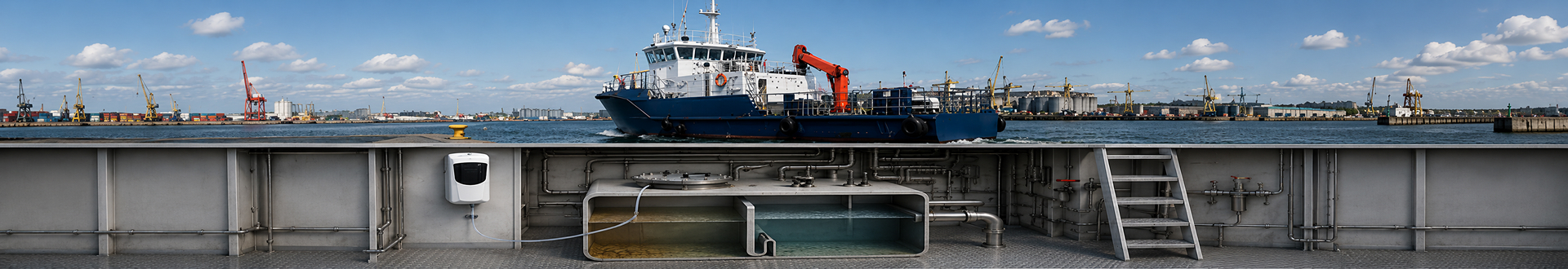Ship deck with visible piping and a white control box, overlooking a harbor with a large blue vessel and yellow cranes in the distance.